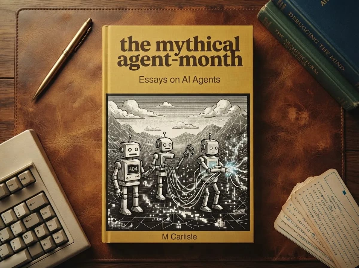 A hardback styled after the original Mythical Man-Month cover, titled The Mythical Agent-Month, essays on AI agents, by M Carlisle. It lies on a desk beside a keyboard, a pen and older engineering books.